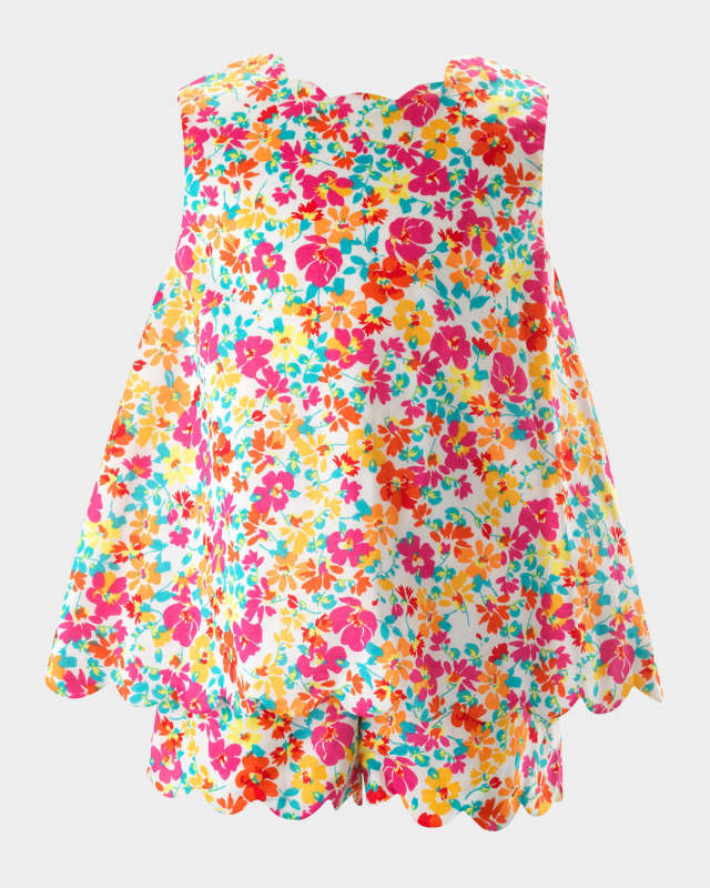 Girl's Scallop-Trim Floral-Print Short Set, Size 2-